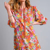 Umgee Full Size Ruffled Flower Print Tie Neck Tiered Dress Plus Size - BROWN MIX