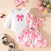 Children's Bowknot Print Ruffle Trim 3 Piece Set - Pink