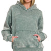 Zenana Fleece Acid Wash Kangaroo Pocket Hoodie - ASH JADE