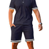 Men's Full Size Contrast Trim Polo and Shorts Set Plus Size - Navy Blue