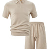 Men's Full Size Textured Polo Shirt and Shorts Set Plus Size - Khaki