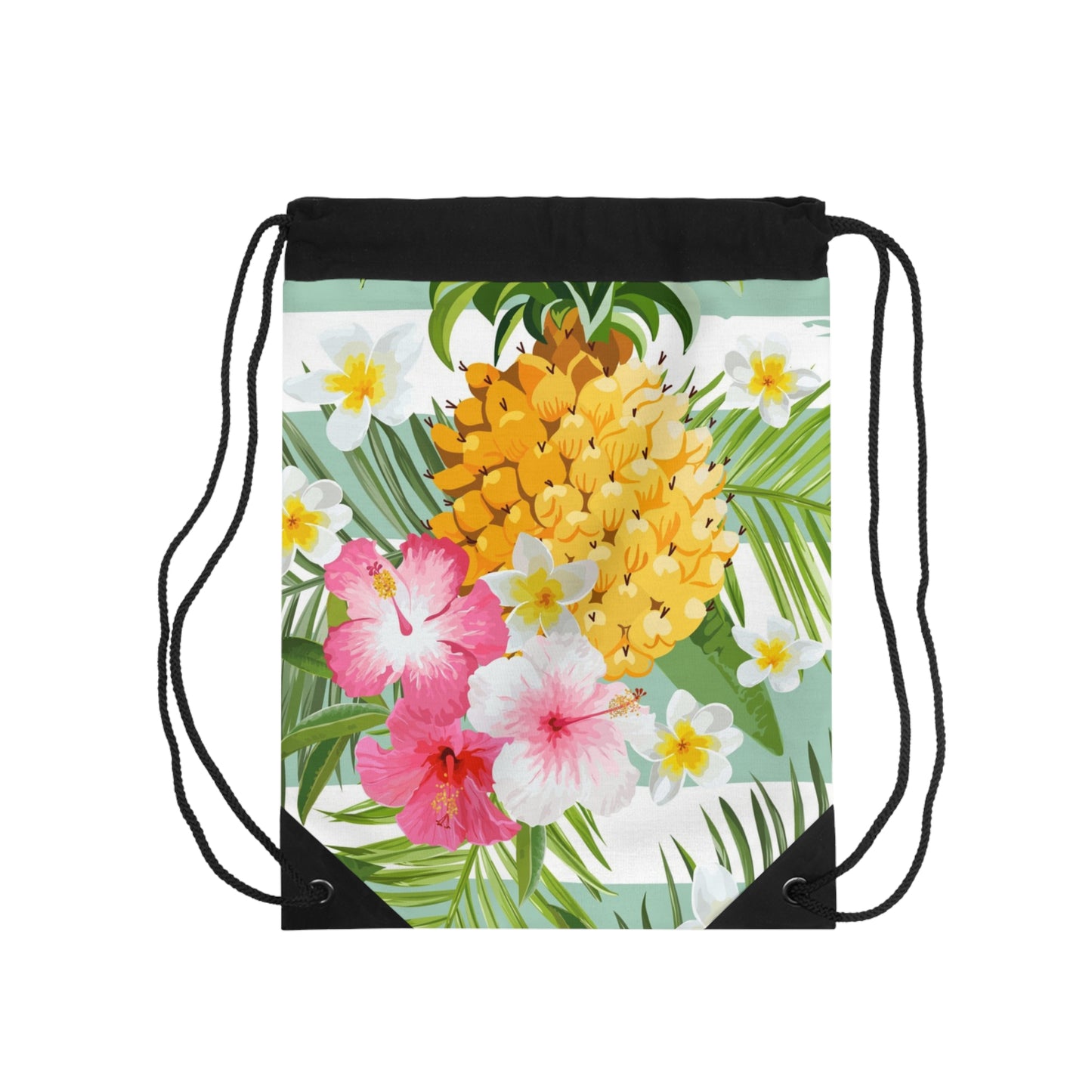 Tropical Drawstring Bag for Beach Days, Gym, Travel; Floral Pineapple & Hibiscus Design, Summer Vibes, Gift for Her, Eco-Friendly