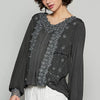 POL Floral Embroidery Woven Top with Lace Trim - Black