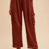 Annie Wear Wide Leg Cargo Satin Pants - Burgundy