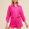 SO ME Textured Knit Button Front Romper - FUCHSIA