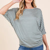 BOMBOM Striped Boat Neck Dolman Sleeve Top - Dusty Olive