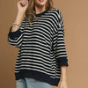 Umgee Ribbed Hem Striped Oversized Knit Top - Navy