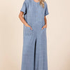 Mittoshop Button Detail Short Sleeve Wide Leg Jumpsuit - Dusty Blue