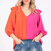 GeeGee Full Size Ruffle Trim Contrast Blouse - Orange/Fuchsia