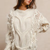 BiBi Faux Fur Detailed Pointelle Cable Knit Sweater - IVORY