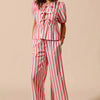 SO ME Front Tie Stripe Top With Puff Sleeves and Wide Leg Pants Set - PINK