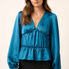 Mittoshop Satin V Neck Ruffled Tier Blouse - Teal