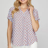 She + Sky Full Size Printed Johnny Collar Short Sleeve Blouse Plus Size - Red
