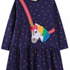 Children's Embroidered Unicorn Long Sleeve Dress - Dark Navy