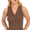 Zenana Ribbed Knit Button-Down Sweater Vest - BROWN
