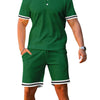 Men's Full Size Contrast Trim Polo and Shorts Set Plus Size - Dark Green