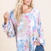 BiBi Tie Dye Print Terry Top With Puff Sleeves - BLUE MULTI
