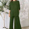 Double Take Full Size Round Neck Slit Top and Pants Set - Army Green