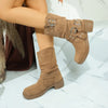 Round Toe Block Heels Boots - Khaki