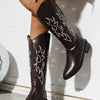 Round Toe Block Heels Boots - Chocolate