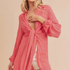Aemi + Co Tied Collared Neck Long Sleeve Top - Strawberry