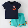 Children's Pirate Ship Applique Tee and Dinosaur Shorts Set - Dark Navy