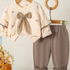 Children's Bowknot Ruffle Sleeve Top and Pants Set - Tan