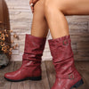 Round Toe Boots with Buckle Details - Red