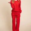 Super Lady Full Size Crinkle Check Round Neck Top and Pants Lounge Set - Red