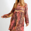 Umgee Full Size Tie Dye Long Sleeve Babydoll Dress with Keyhole Plus Size - CORAL/MOCHA