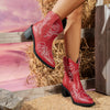 Point Toe Block Heels Boots - Red