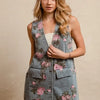 BiBi Floral Print Washed Denim Long Rider Vest - Medium