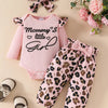 Children's Leopard Ruffled Bodysuit and Pants Set with Headband - Pink