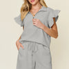 Double Take Full Size Texture Flounce Sleeve Top and Drawstring Shorts Set - Light Gray