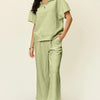 Double Take Full Size Texture Half Zip Short Sleeve Top and Pants Set - Mist Green