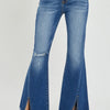 RISEN Full Size High Rise Front Slit Frayed Hem Flare Jeans - Dark