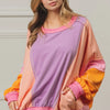BiBi Color Block Exposed Seam Sweatshirt with Pockets - Lavender/Peach/Fuchsia