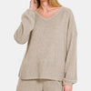 Zenana V-Neck Long Sleeve Ribbed Top and Shorts Set - Khaki