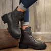 Lace-Up Buckle Accent Block Heel Boots - Dark Gray
