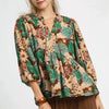 Umgee Mix Floral Peplum Blouse with Tie Neck - BROWN MIX