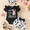 Children's Ruffled Cow Bodysuit and Shorts Set with Headband - Black