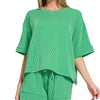 Zenana Raised Rib Short Sleeve Tee and Drawstring Shorts Set - K GREEN