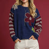 Umgee Flower Jacquard Striped Long Sleeve Sweater - Navy