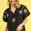 Umgee Floral Embroidered Puff Sleeve Blouse - Black