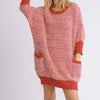 Umgee Full Size Ribbed Hem Round Neck 3/4 Sleeve Sweater Dress with Pockets Plus Size - Scarlet