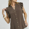 Umgee Linen Ruffle Sleeve Button-Down Shirt - Coffee Brown