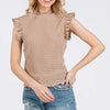 Ces Femme Texture Mock Neck Ruffle Cap Sleeve Blouse - Camel