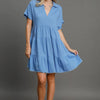 Umgee Full Size Raw Hem Folded Sleeve Tiered Dress Plus Size - Sky Blue