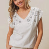 BiBi Slub Jersey Rhinestone V Neck Top - OFF WHITE
