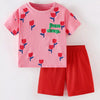 Children's Flower Round Neck Tee and Shorts Set - Hot Pink